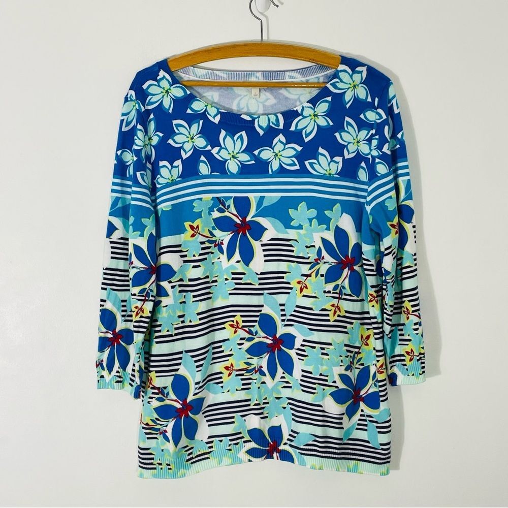 Talbots Blue Floral Lightweight Crew Neck 3/4 Sleeve Sweater Size L